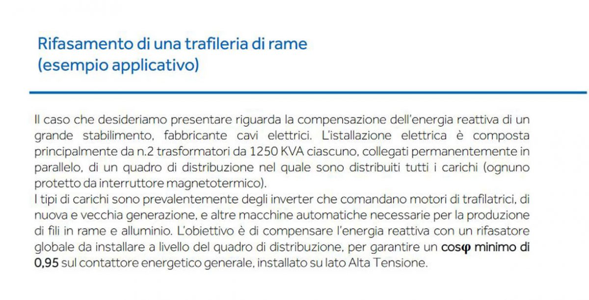 Rifasamento di una trafileria di rame: un esempio applicativo