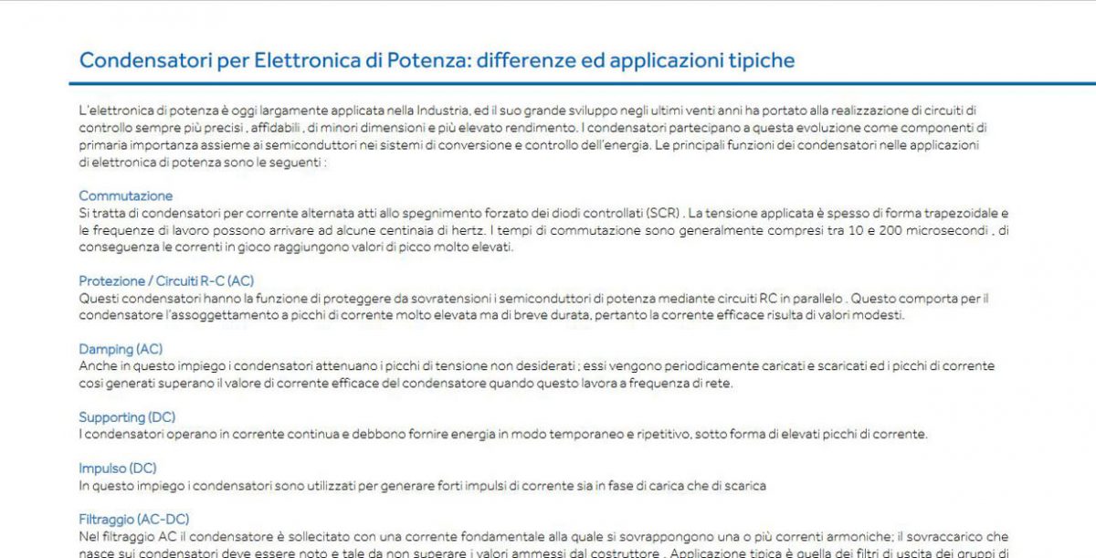 Condensatori per Elettronica di Potenza: differenze ed applicazioni tipiche