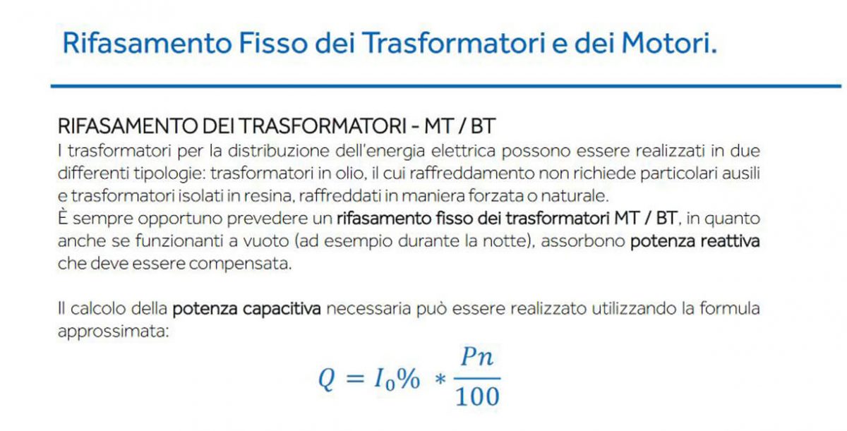 Rifasamento Fisso dei Trasformatori e dei Motori