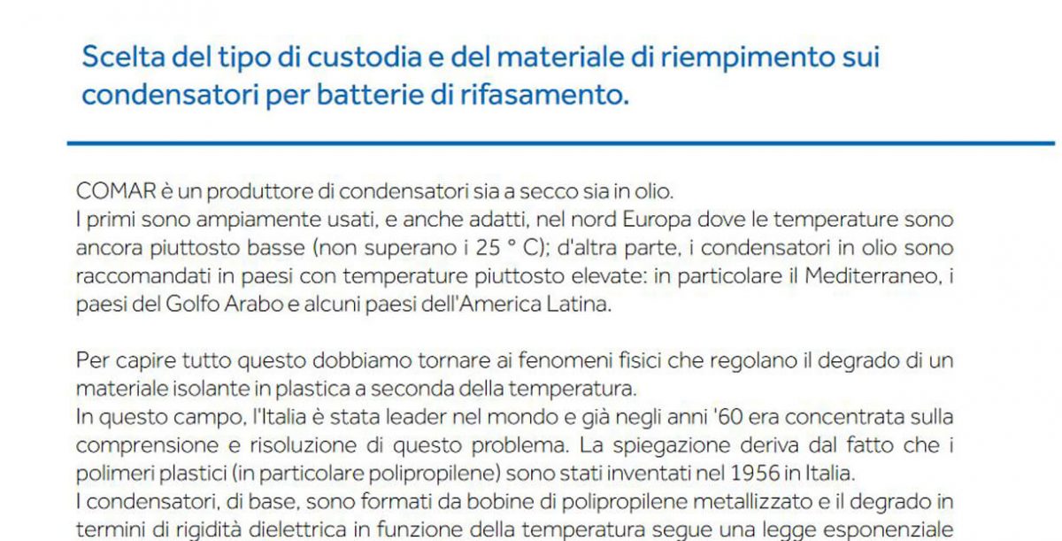 Scelta del tipo di custodia e del materiale di riempimento sui condensatori per batterie di rifasamento