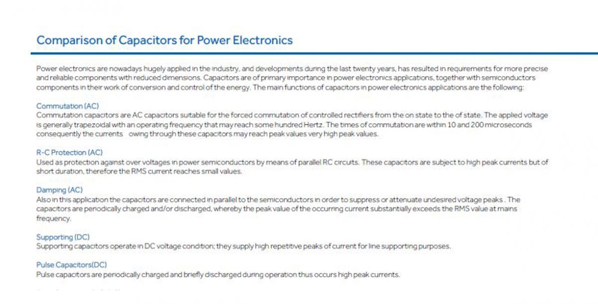 Comparison of Capacitors for Power Electronics